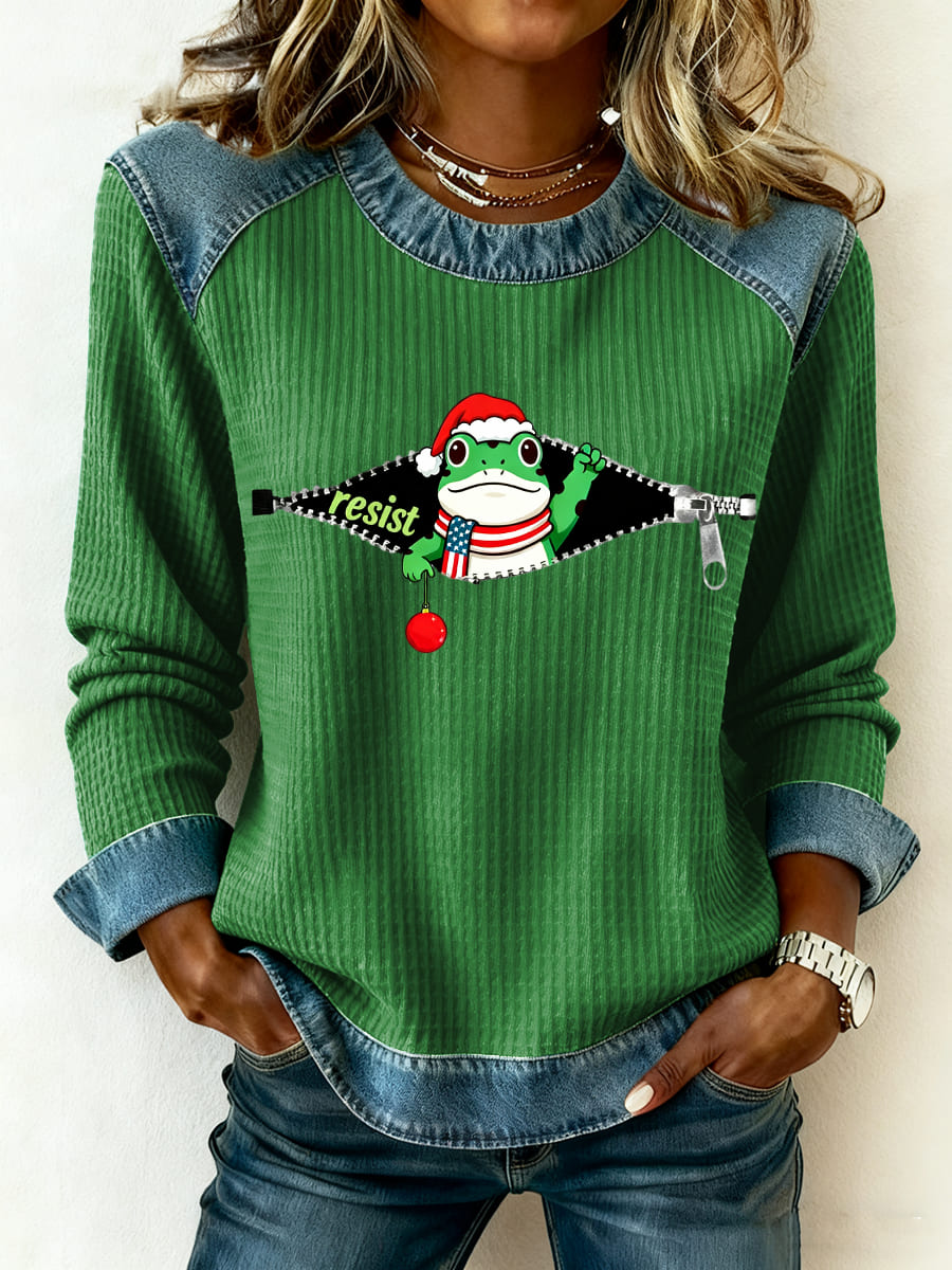Women's Merry Resistmas Resist Frog Denim Patchwork Top