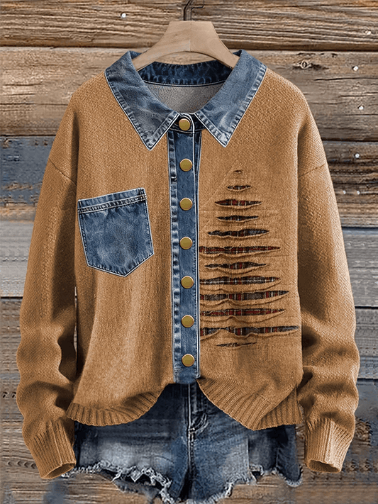 Women's Vintage Christmas Tree Denim Lapel Button Sweater