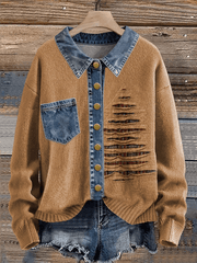 Women's Vintage Christmas Tree Denim Lapel Button Sweater