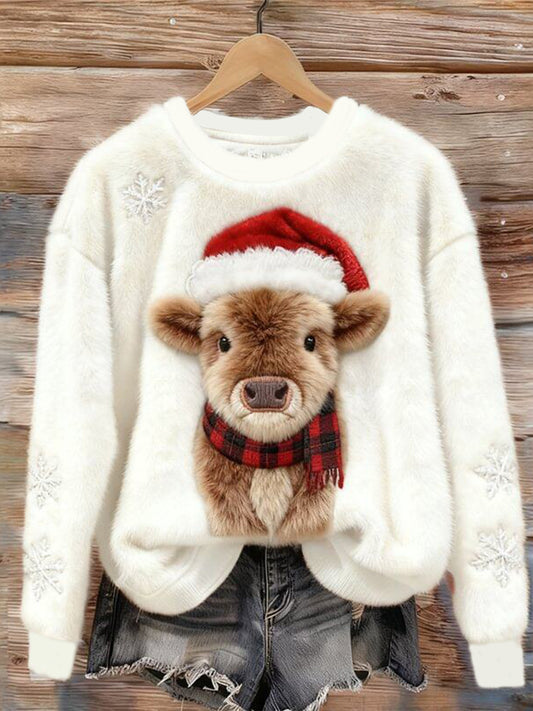 Women's Christmas Hat Highland Cow Flannel Crewneck sweatshirt