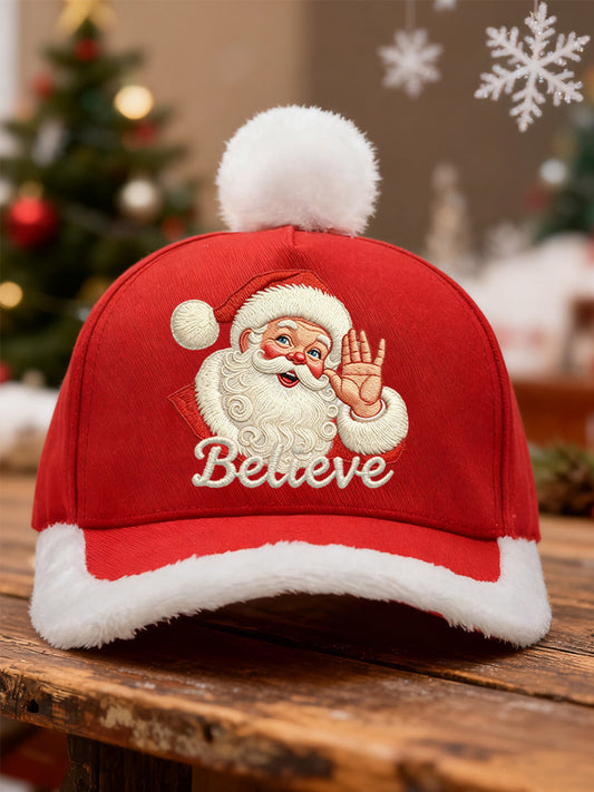 Unisex Christmas Believe Santa Claus Print Plush Stitching Hat