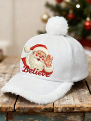Unisex Christmas Believe Santa Claus Print Plush Stitching Hat