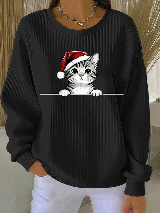 Women's Christmas Cat Printed Sweatshirt