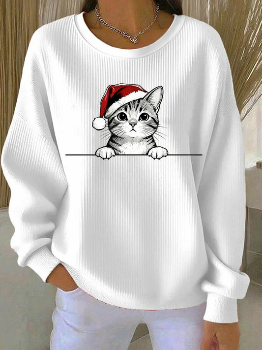 Women's Christmas Cat Printed Sweatshirt