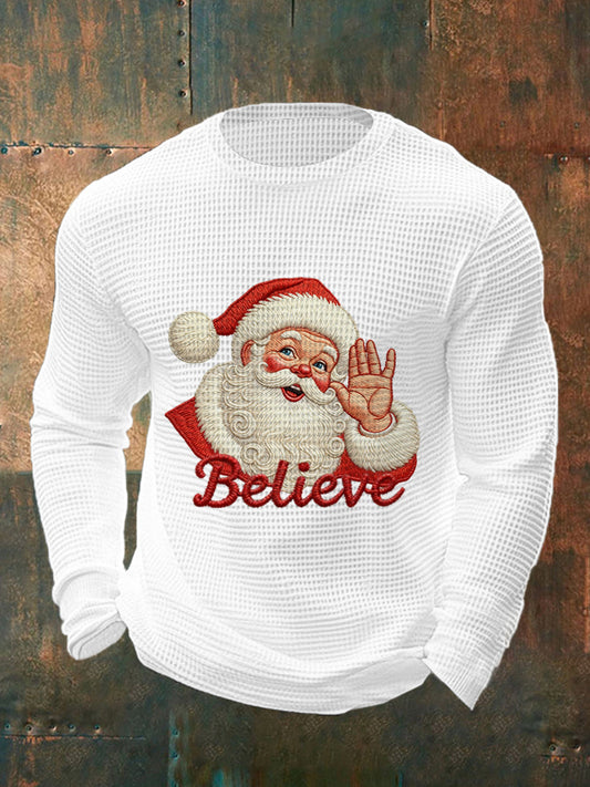 Men's Christmas Believe Santa Claus Print Casual Waffle Long Sleeve Top