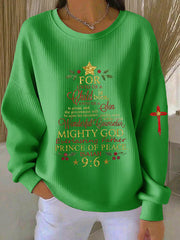 Women's Christian Christmas Faith Cross Print Ribbed Round-Neck Sweatshirt