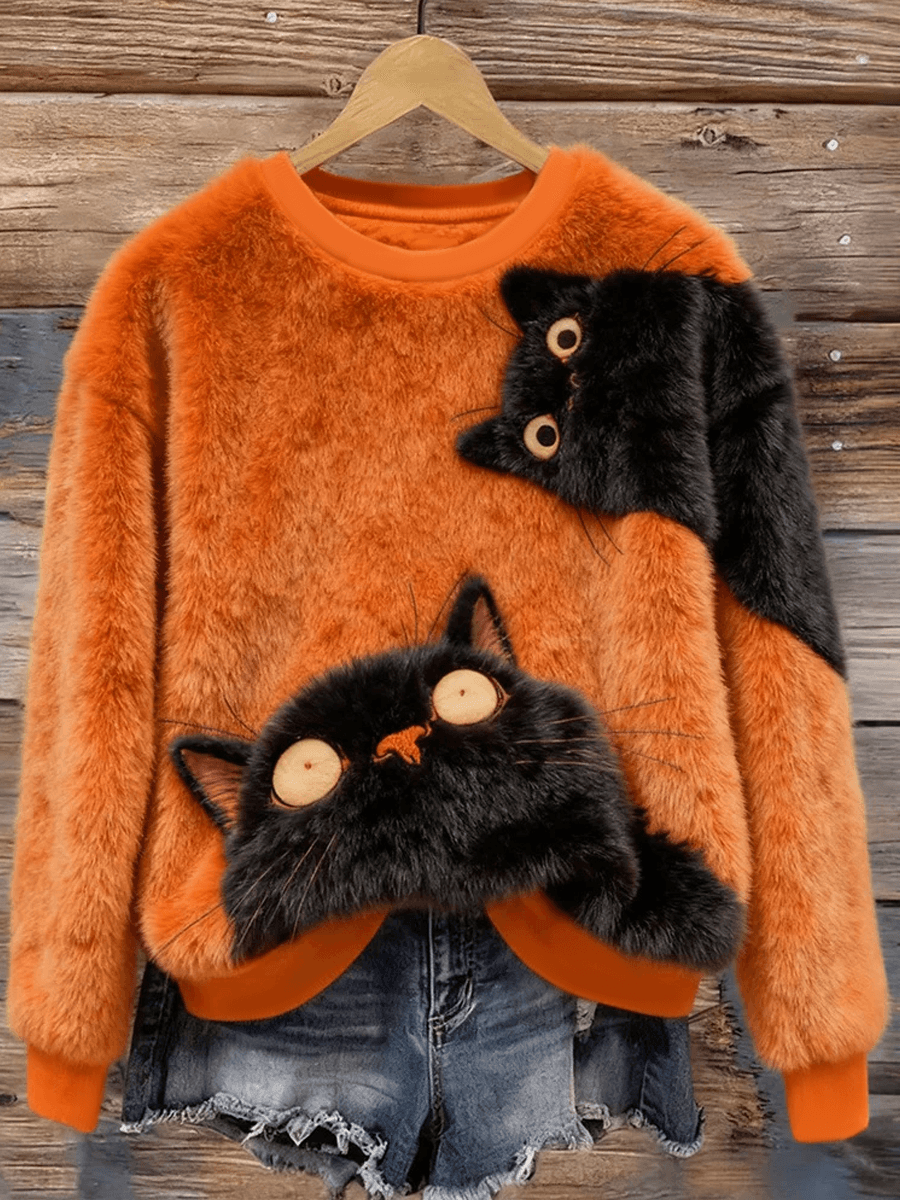 Women's Black Cat Print Flannel Hoodie