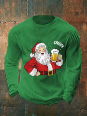 Men's Cheers! Funny Christmas Santa Claus Print Casual Waffle Long Sleeve Top