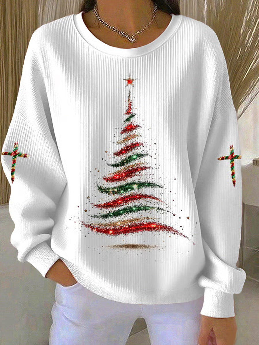 Women's Merry Christmas Christmas Tree Cross Ribbed Round-Neck Sweatshirt