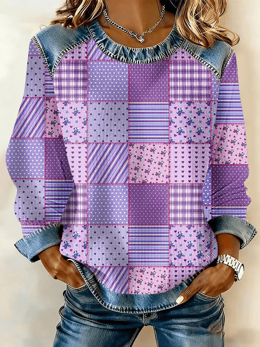 Women's Purple Floral Print Casual waffle Sweatshirt