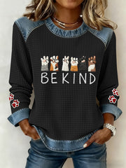 Women's Cut Cat Paws Printed Denim Patchwork Top