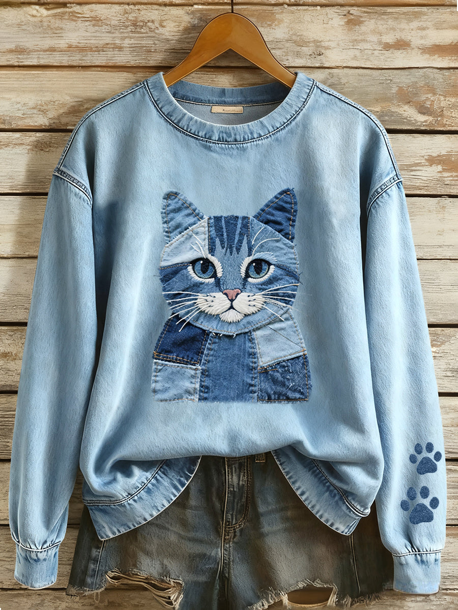 Women's Denim Patchwork Art Cat Pattern Sweatshirt