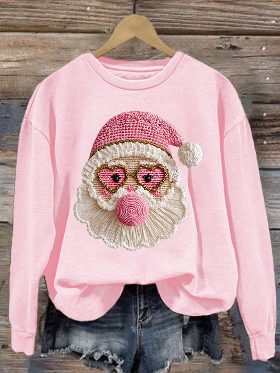 Women's Merry Christmas Retro Yarn Crochet Santa Claus Pink Santa Blowing Bubble Gum Sweatshirt