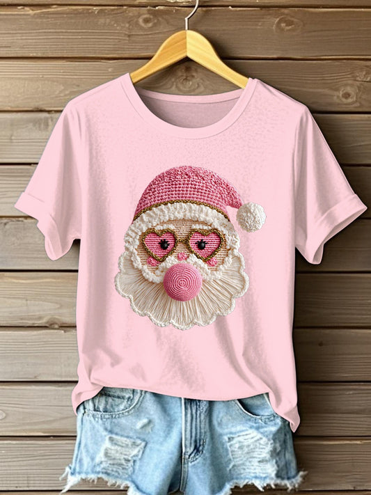 Women's Merry Christmas Retro Yarn Crochet Santa Claus Pink Santa Blowing Bubble Gum  T-Shirt