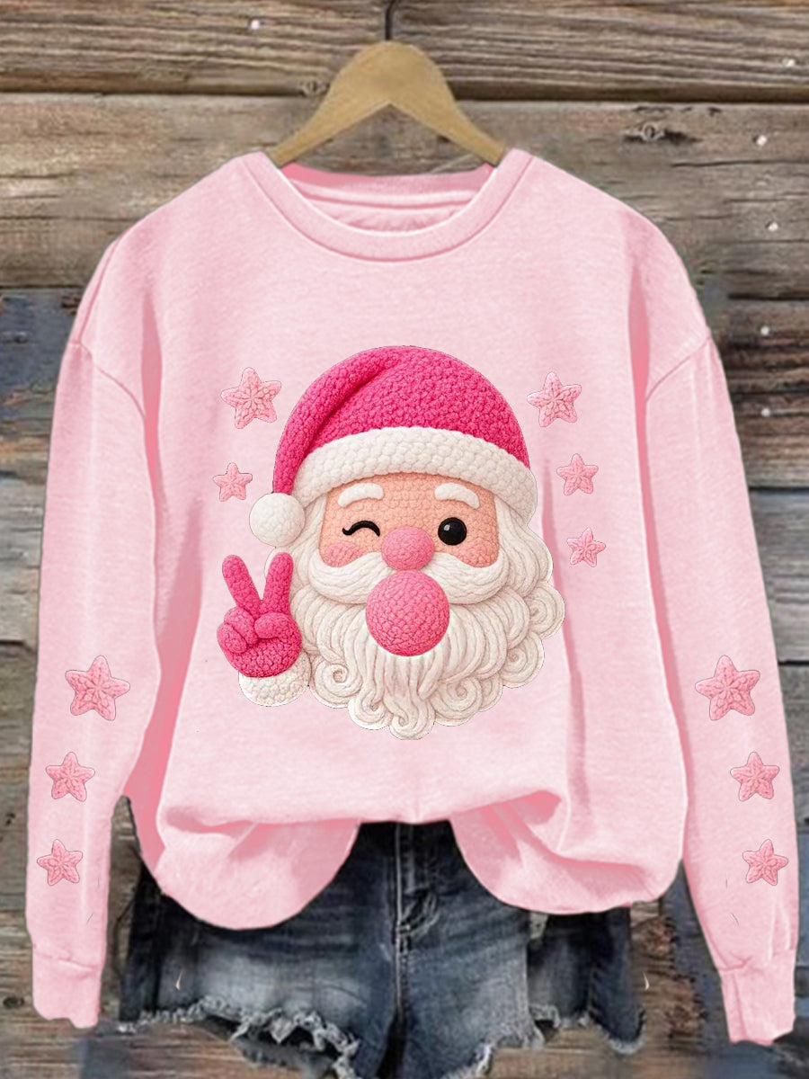 Women's Merry Christmas Retro Yarn Crochet Santa Claus Pink Santa Blowing Bubble Gum sweatshirt