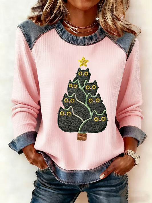 Women's Cute Cat Christmas Tree  Denim Patchwork Top