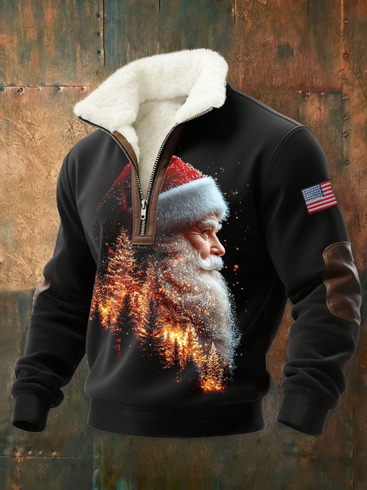 Men's Christmas Tree Santa  Plush Stand Collar Shirt