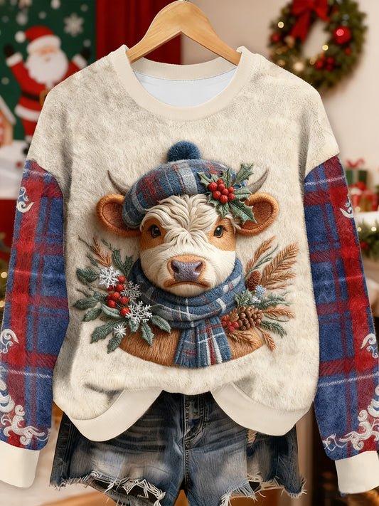 Women's Cute Christmas Highland Cow Flannel Hoodie