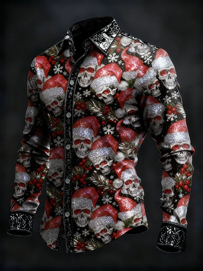 Men's Vintage Christmas Skull Long Sleeve Shirt