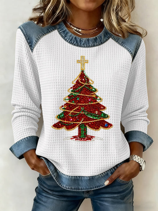 Women's Christmas Print Waffle Sweatshirt