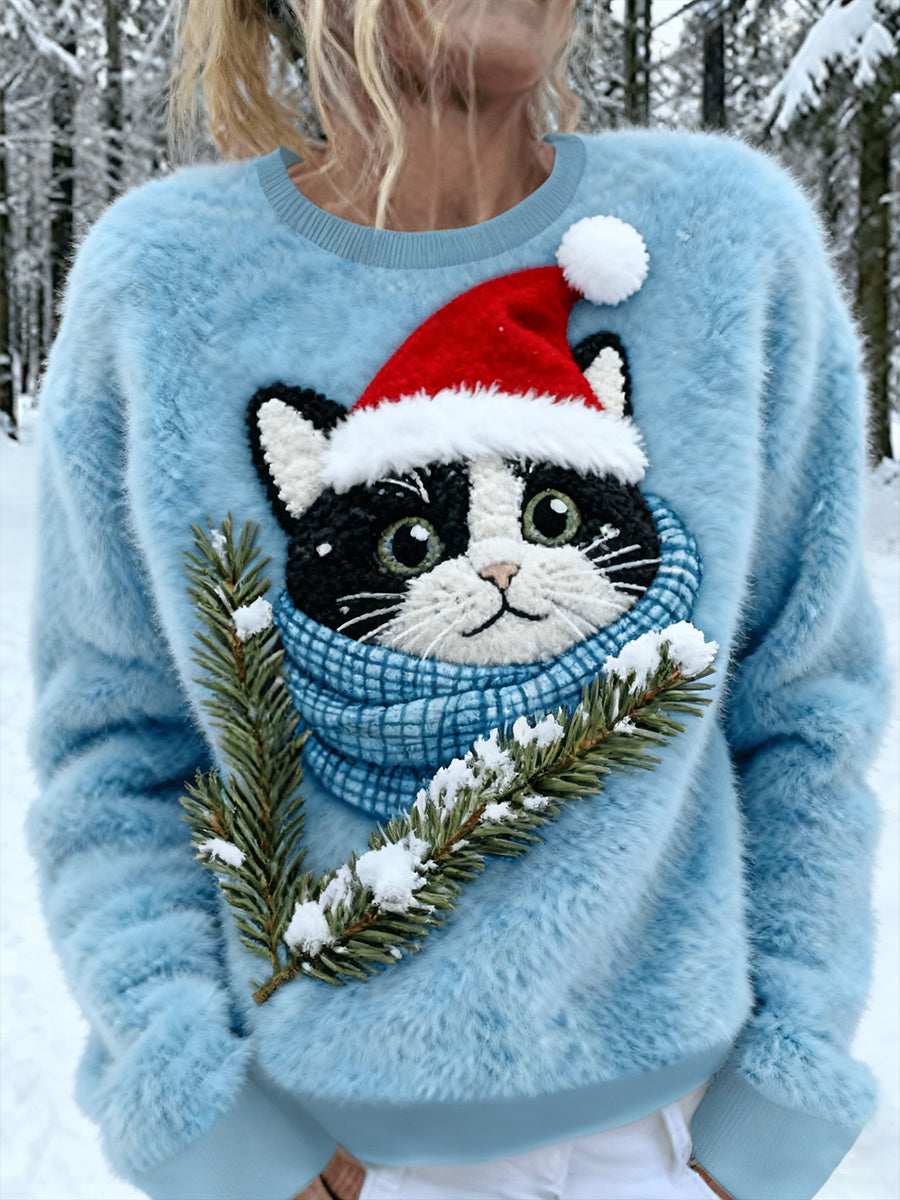 Women's Cute Christmas Cat Art Print Casual Flannel Sweater