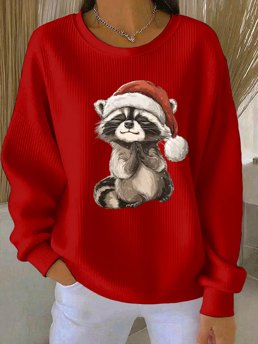 Women's Funny Raccoon Christmas Ribbed Round-Neck Sweatshirt