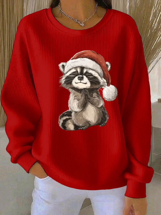Women's Funny Raccoon Christmas Ribbed Round-Neck Sweatshirt