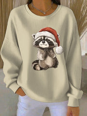 Women's Funny Raccoon Christmas Ribbed Round-Neck Sweatshirt