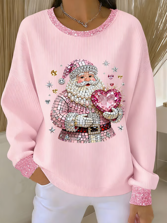 Women's Pink Santa Ribbed Round-Neck Sweatshirt