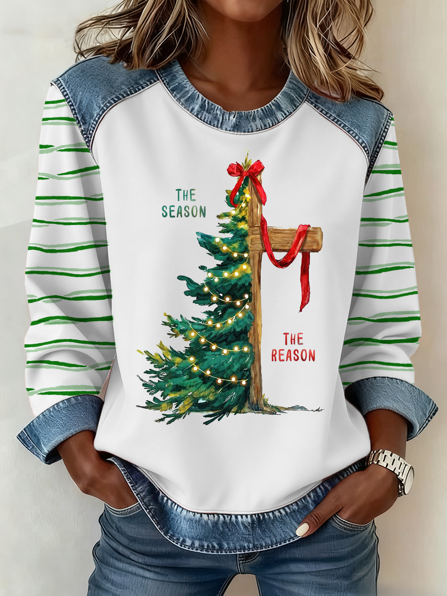 Women's The Season Christmas Tree And Cross Denim Patchwork Top