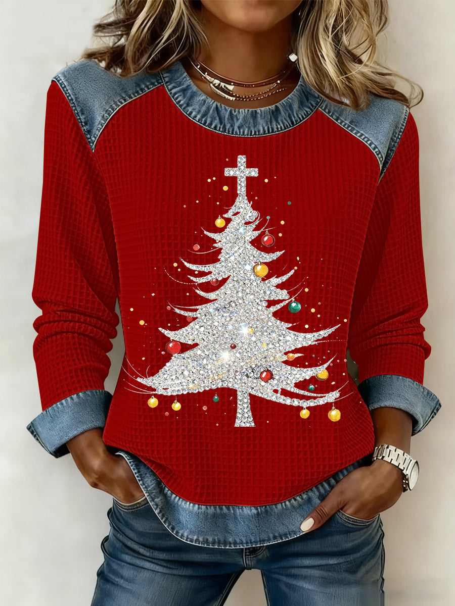 Women's Christmas Print Waffle Sweatshirt