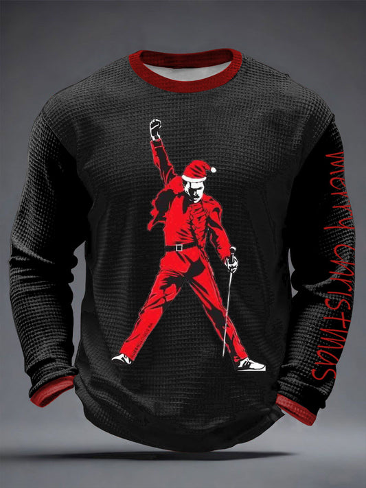 Men's Christmas Print Waffle Long Sleeve T-Shirt