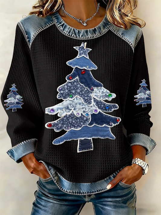 Women's Christmas tree Denim Patchwork Top