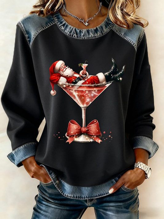 Women's Santa Claus sits on a wine glass Denim Patchwork Top
