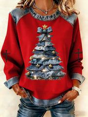 Women's Christmas tree Denim Patchwork Top