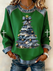 Women's Christmas tree Denim Patchwork Top