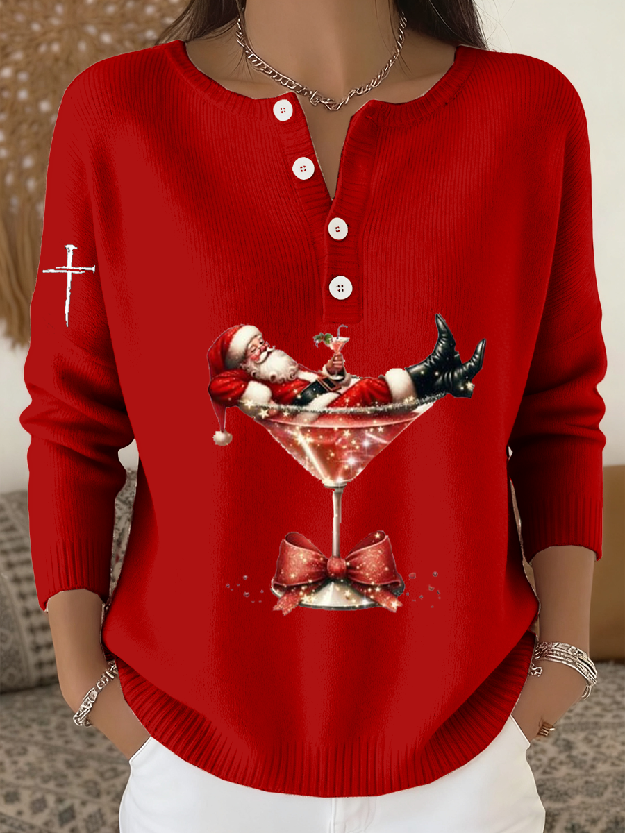 Women‘s Santa Claus sits on a wine glass long-sleeve cardigan