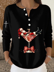 Women‘s Santa Claus sits on a wine glass long-sleeve cardigan