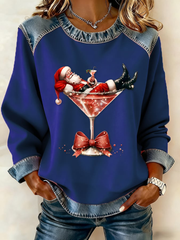 Women's Santa Claus sits on a wine glass Denim Patchwork Top