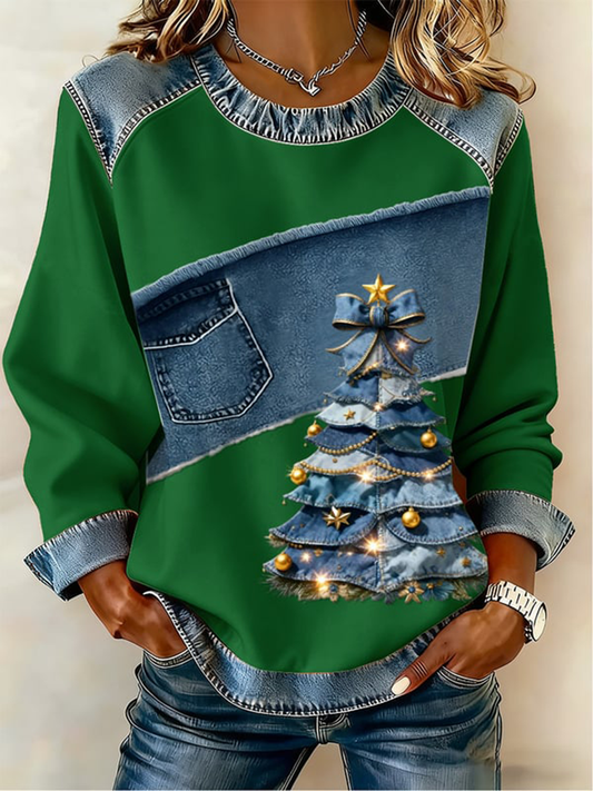 Women's Casual Retro Christmas Tree Denim Patchwork Top