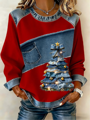 Women's Casual Retro Christmas Tree Denim Patchwork Top