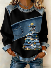 Women's Casual Retro Christmas Tree Denim Patchwork Top
