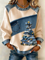 Women's Casual Retro Christmas Tree Denim Patchwork Top
