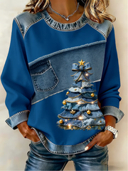 Women's Casual Retro Christmas Tree Denim Patchwork Top