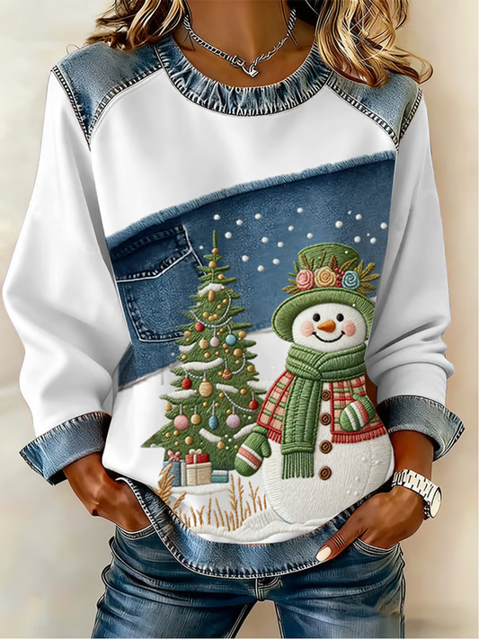 Women's Casual Retro Christmas Snowman Denim Patchwork Top