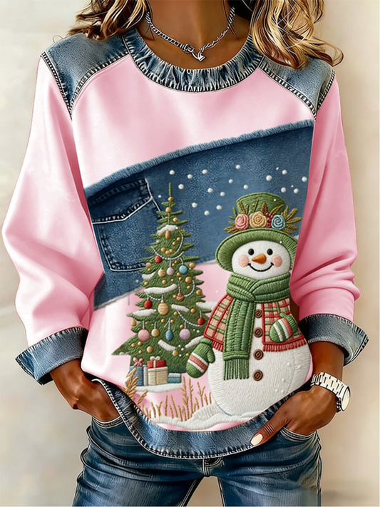 Women's Casual Retro Christmas Snowman Denim Patchwork Top