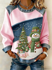Women's Casual Retro Christmas Snowman Denim Patchwork Top