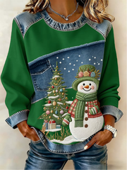 Women's Casual Retro Christmas Snowman Denim Patchwork Top
