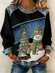Women's Casual Retro Christmas Snowman Denim Patchwork Top
