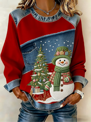Women's Casual Retro Christmas Snowman Denim Patchwork Top